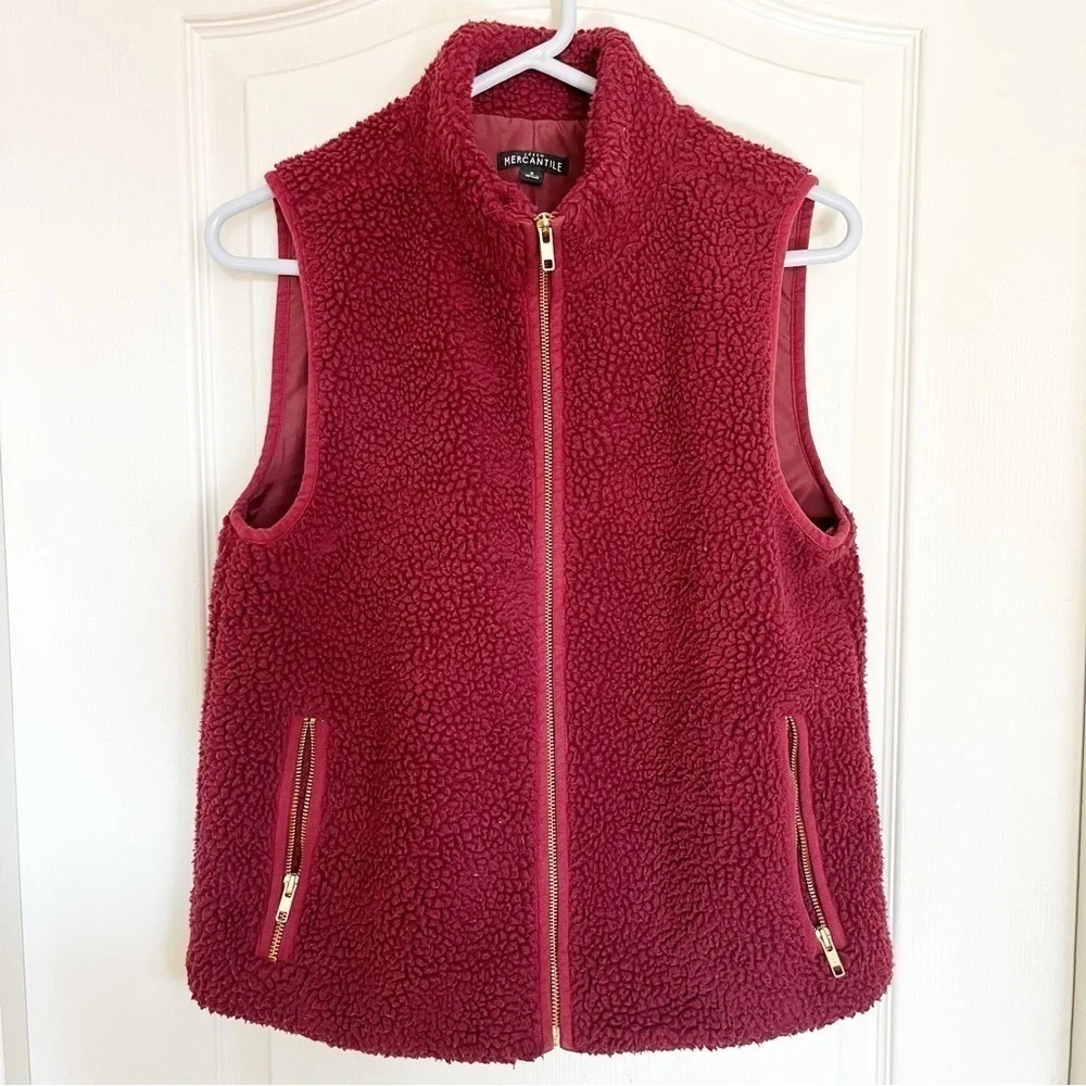 J. Crew Mercantile Cherry Red Fleece Teddy Bear Full Zip Up Vest Size Small